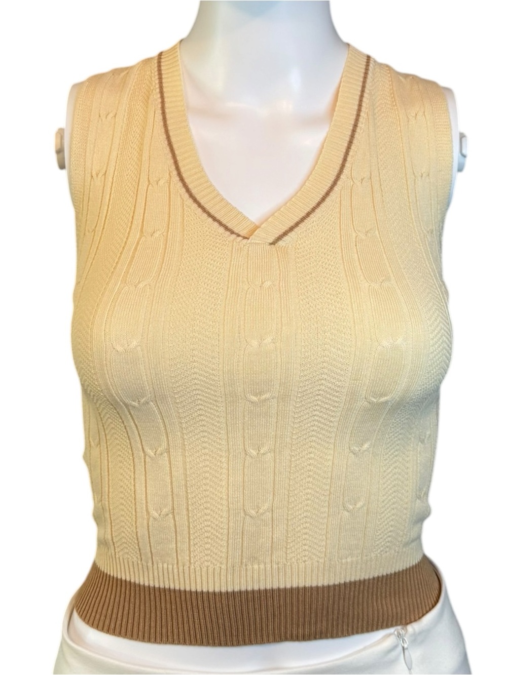 SHEIN Cable Knit Sweater Vest Pastel Yellow & Brown V-Neck Preppy Y2K Size M